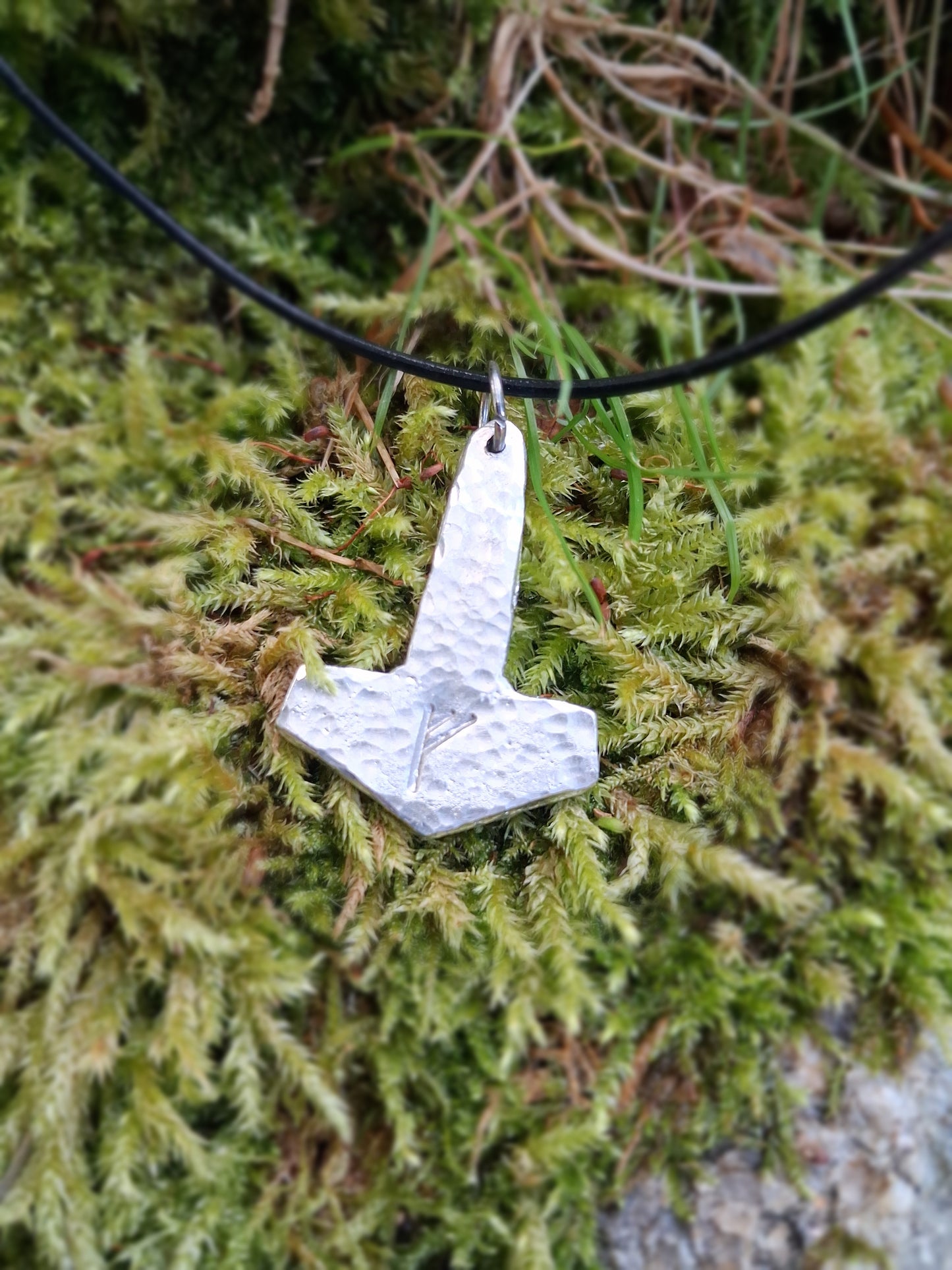 Thors Hammer Pendant with Rune Symbol |  Mjolnir Pendant Necklace - Cast and Hammered Pewter | Viking Necklace